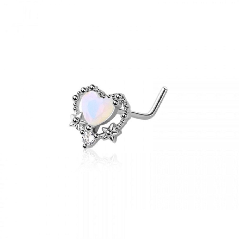Opal Heart L-Bend Nose Stud – Stainless Steel
