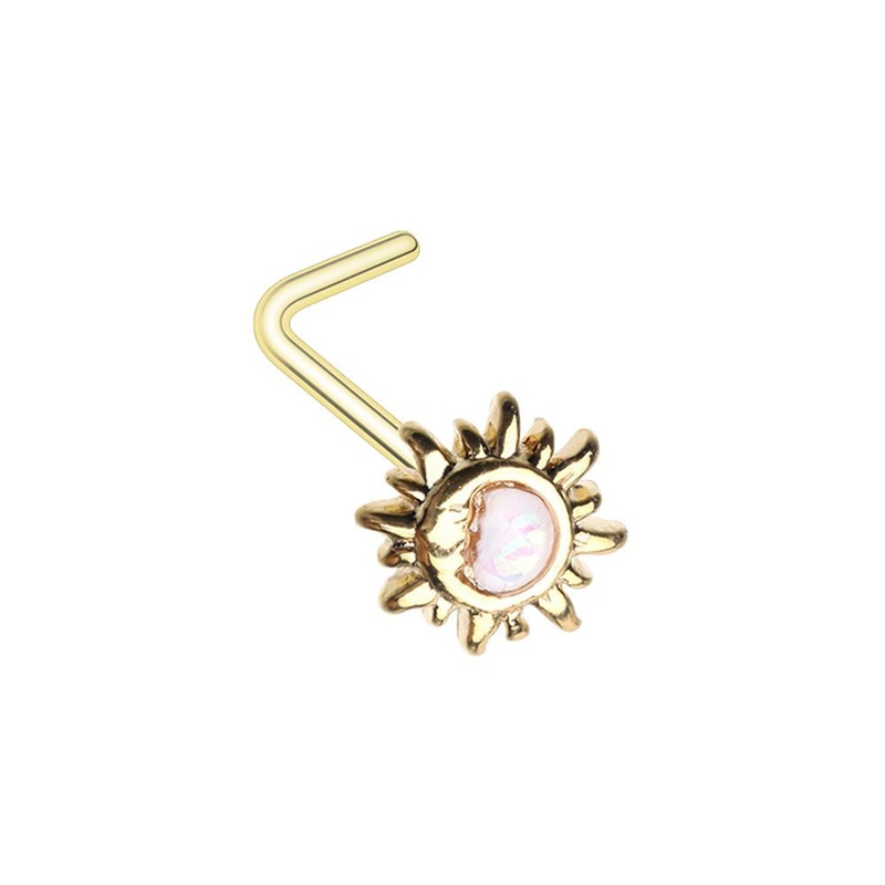 Opalite Crescent Moon and Sun L-Bend Nose Stud – Gold Tone Stainless Steel