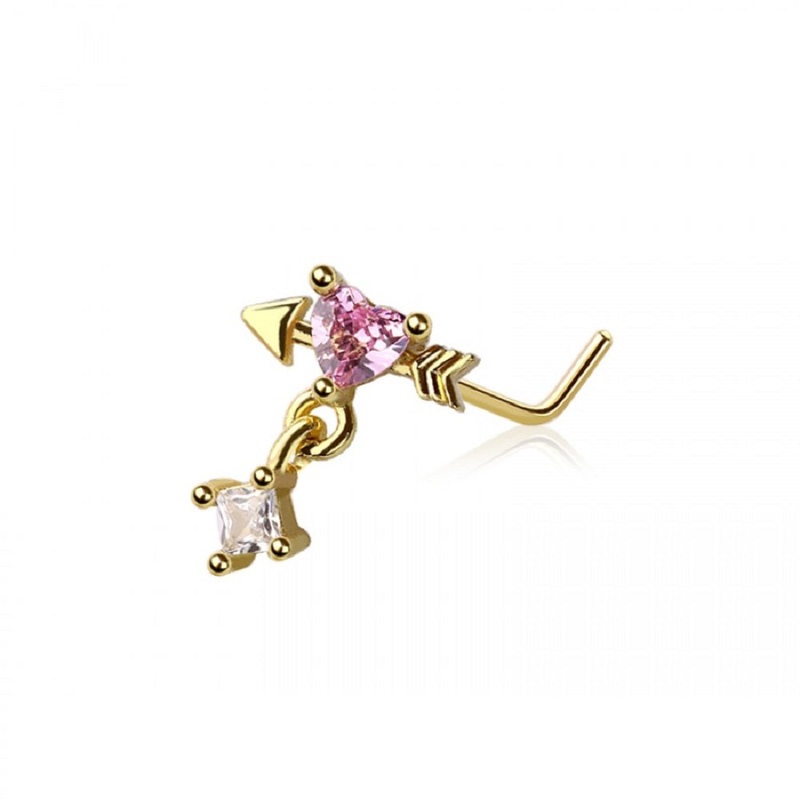 Pink Heart Arrow with Dangling Gem L-Bend Nose Stud – 316L Stainless Steel Gold