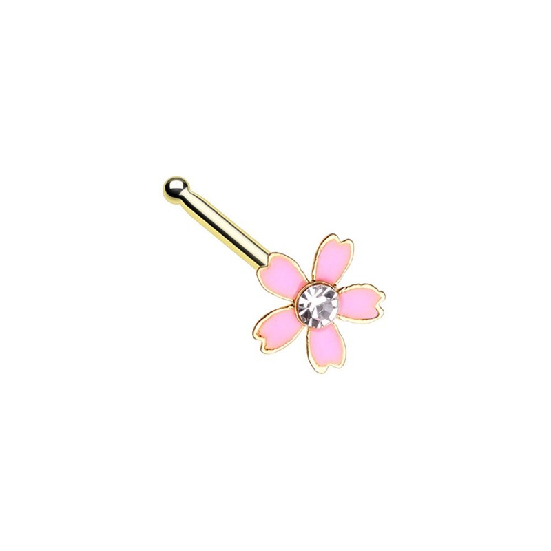 Pink Sakura Flower Nose Bone Stud – Gold Tone Stainless Steel