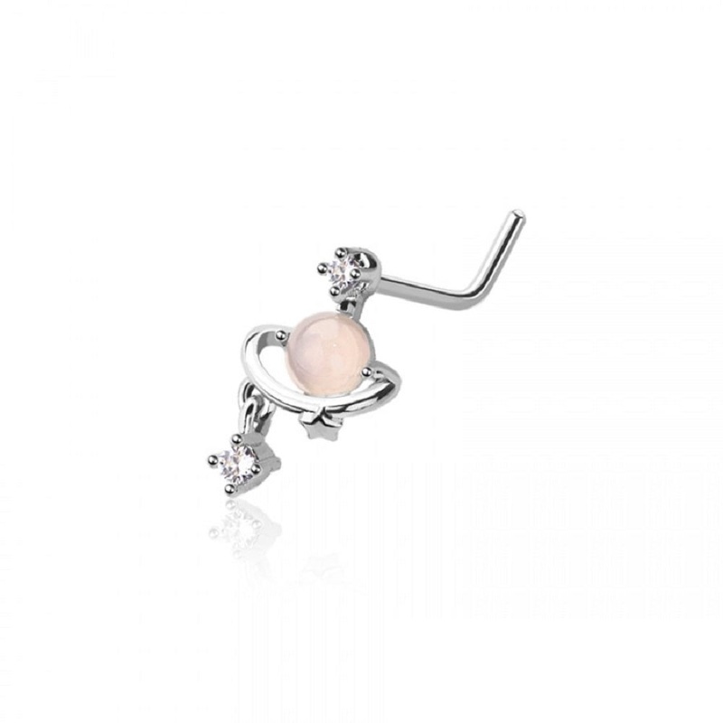 Planet with Dangling Gem L-Bend Nose Stud – Stainless Steel