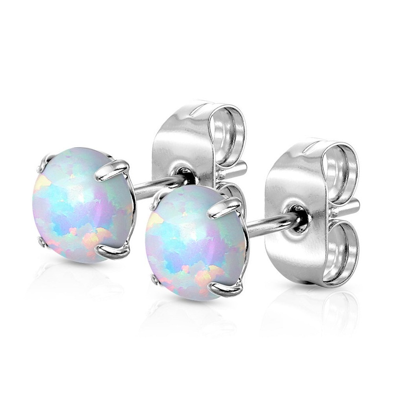 Prong Set Synthetic Opal Stud Earrings  – 316L Stainless Steel Blue 3mm