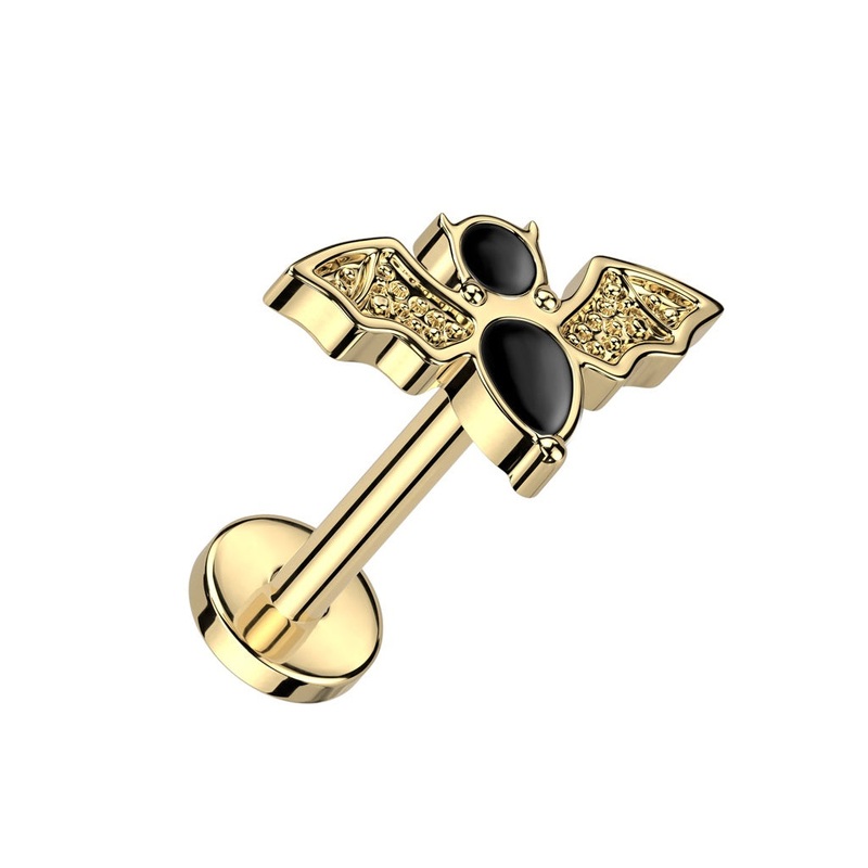 Threadless Push-in Black Enamel Bat Flat Back Stud – F136 Implant Grade Titanium Gold