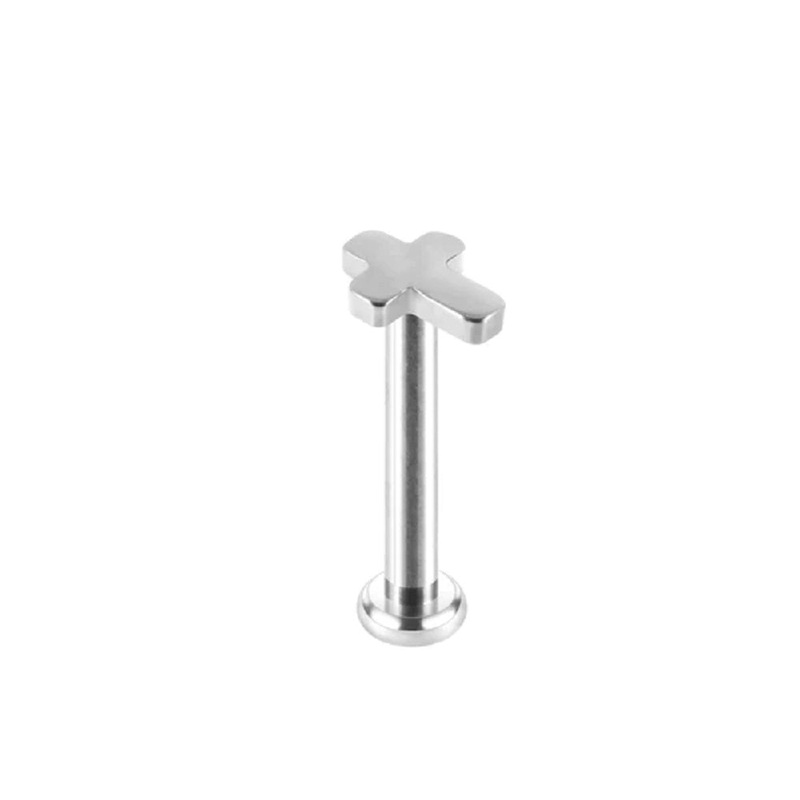 Threadless Push In Cross Top Flat Back Labret Stud – G23 Implant Grade Titanium