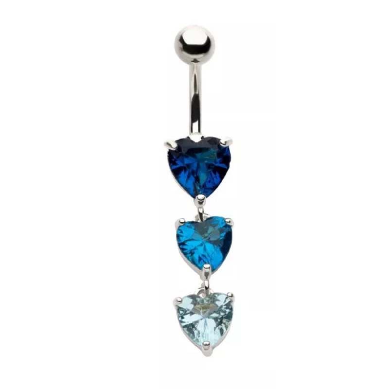 Triple Blue CZ Crystal Hearts Dangling Belly Button Ring – 316L Stainless Steel Gold