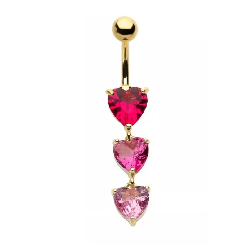 Triple Pink CZ Crystal Hearts Dangling Belly Button Ring – 316L Stainless Steel Gold