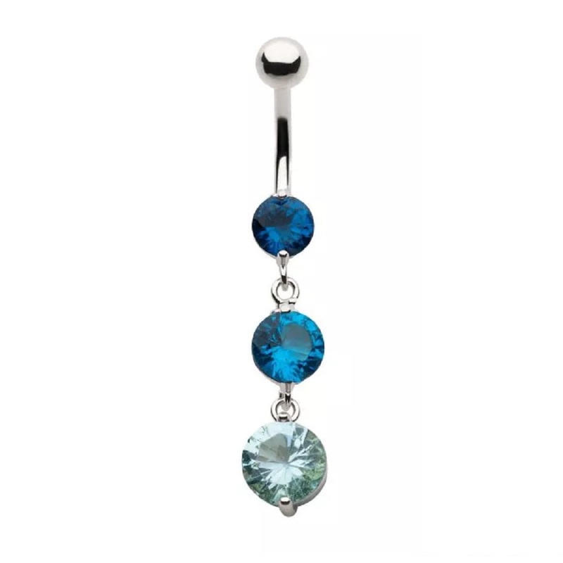 Triple Round CZ Crystal Dangling Belly Button Ring – 316L Stainless Steel Blue