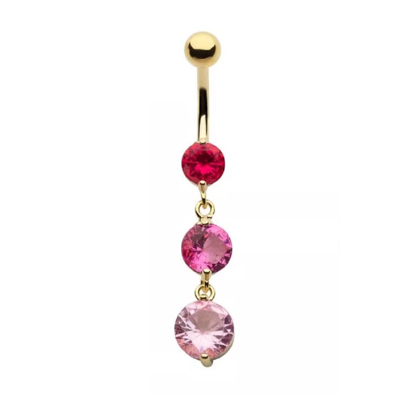 Triple Round CZ Crystal Dangling Belly Button Ring – Gold Plated 316L Stainless Steel Pink