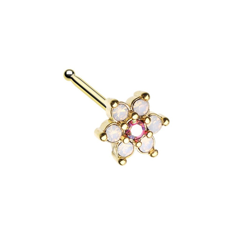 Vintage Rose Pink Crystal Flower Nose Bone Stud – Gold Tone Stainless Steel