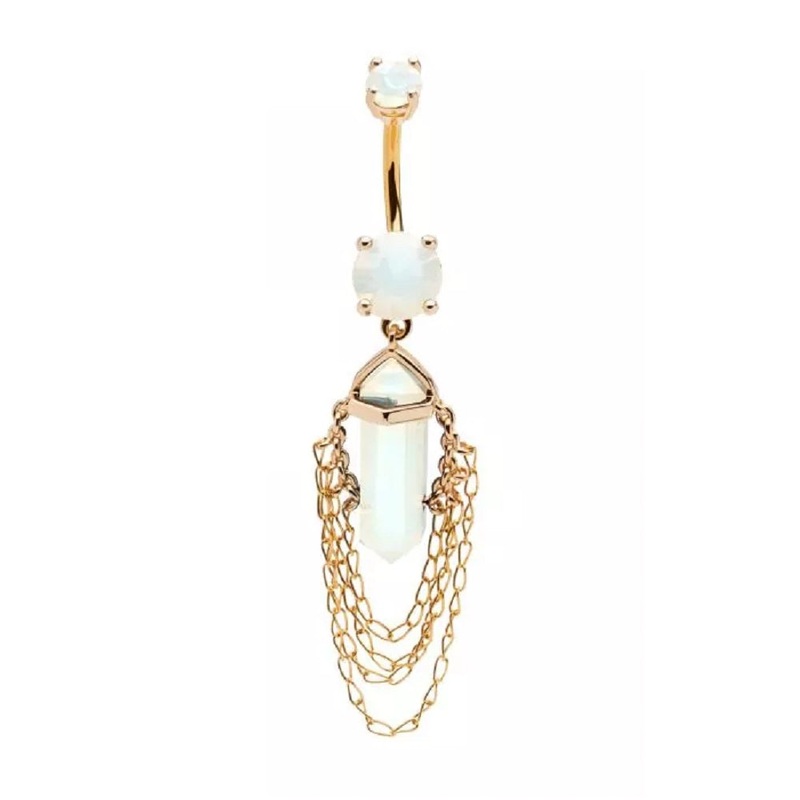 White Opalite Crystal with 4 Tiered Dangling Chains Belly Button Ring – 316L Stainless Steel Gold