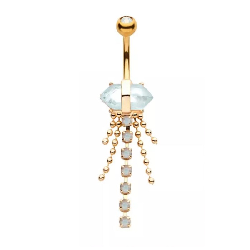 White Opalite Crystal with Dangling Gems and Beads Belly Button Ring – 316L Stainless Steel Gold