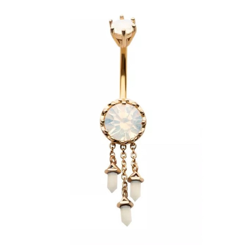 White Opalite with Triple Dangling Charms Belly Button Ring – 316L Stainless Steel Gold