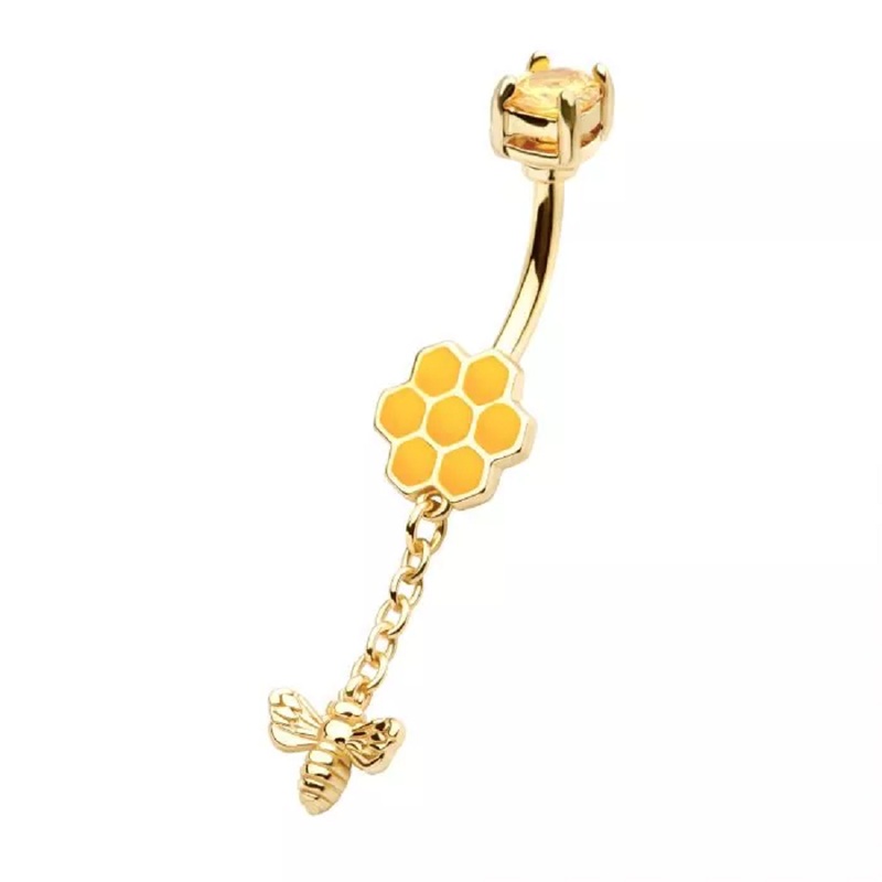 Yellow Flower with Dangling Bee Belly Button Ring – Gold Tone 316L Stainless Steel