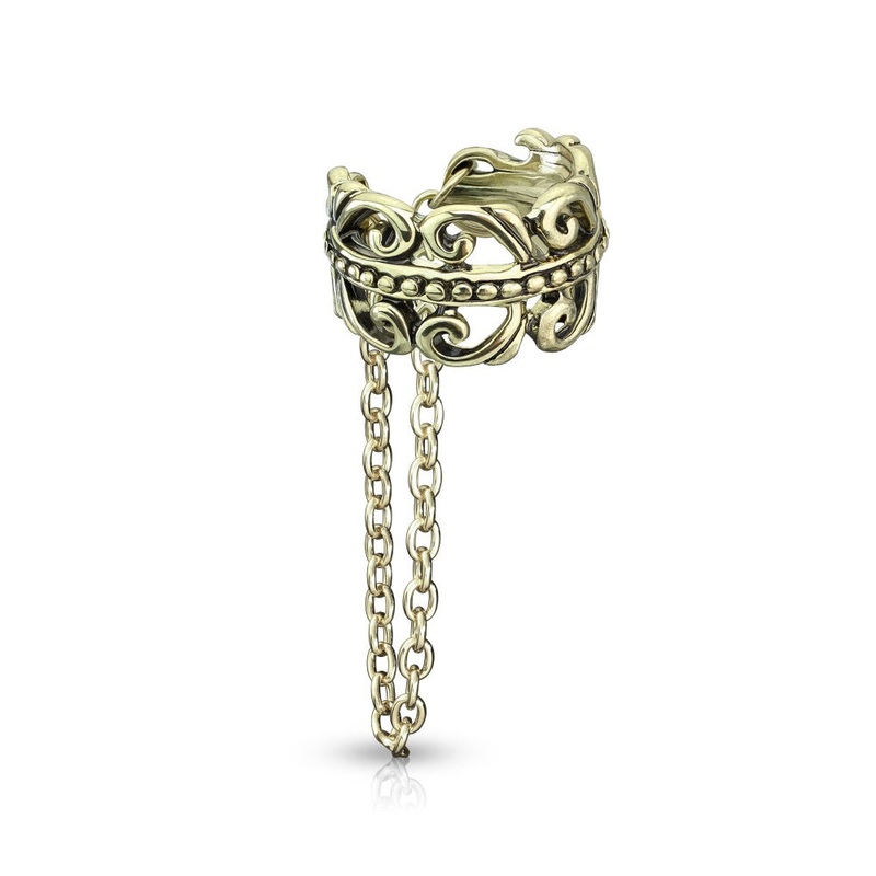 Celtic Heart Filigree Non-Piercing Cartilage Adjustable Ear Cuff with Dangling Chain Gold
