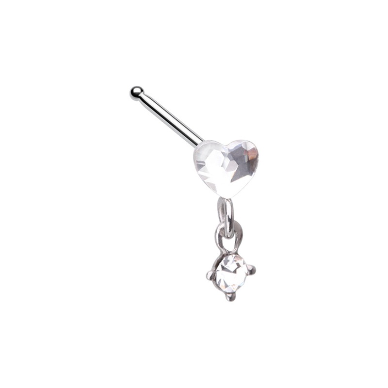 Crystal Heart with Dangling Gem Nose Bone Stud – Stainless Steel