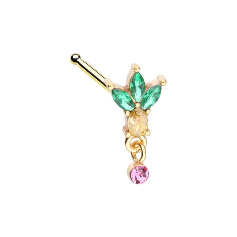 Crystal Pineapple with Pink Dangling Gem Nose Bone Stud – Gold Plated Stainless Steel
