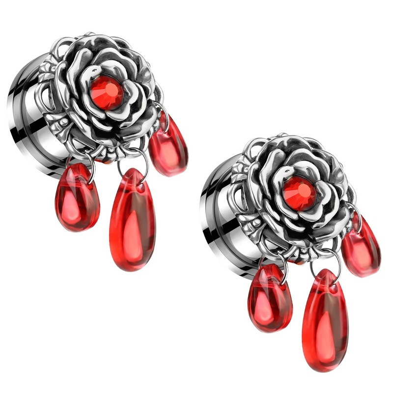 Flower with Red Gem Center and Dangling Beads Screw Fit Plugs – Pair – 316L Stainless Steel 6mm (2GA)