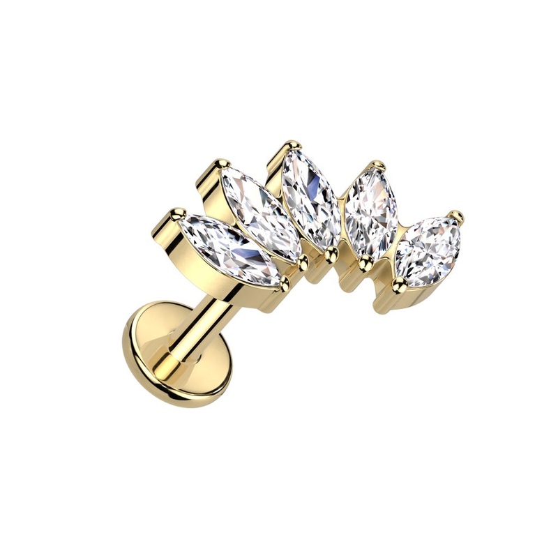 Internally Threaded 5 CZ Crystal Marquise Fan Top Labret Stud – F136 Implant Grade Titanium Gold