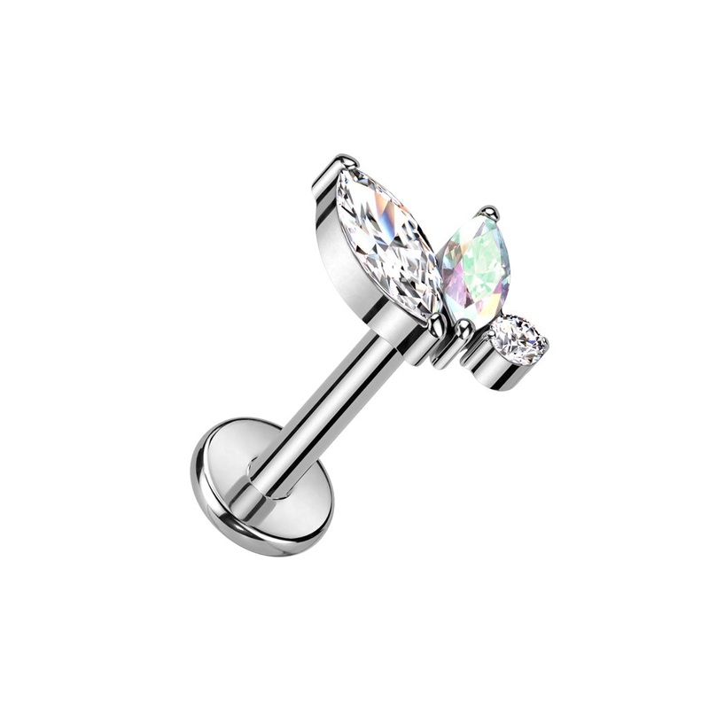 Internally Threaded Crystal Double Marquise and Round CZ Top Labret Stud – F136 Implant Grade Titanium Gold/Clear