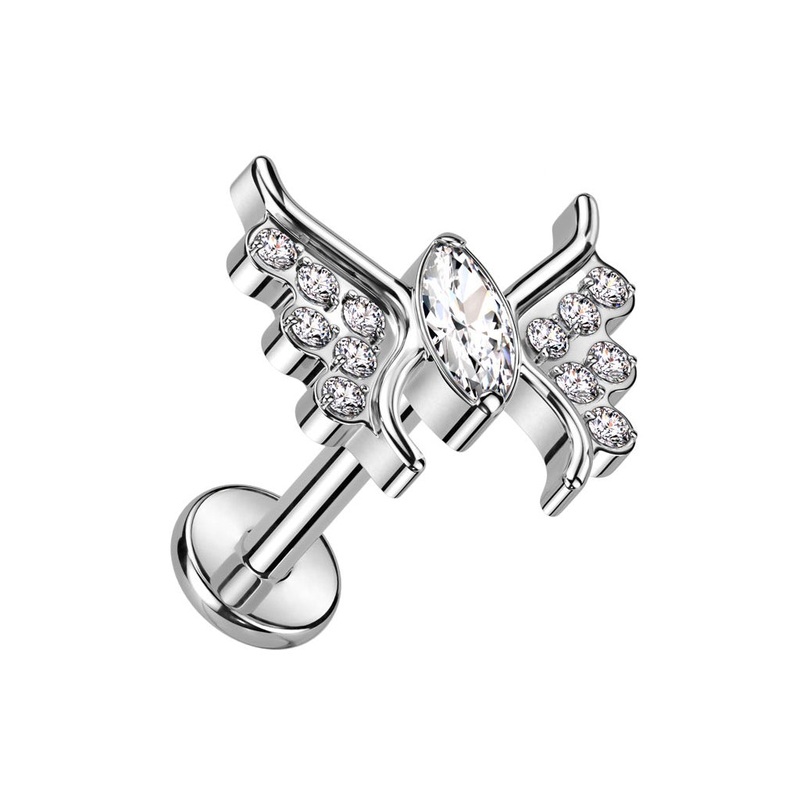 Internally Threaded CZ Crystal Butterfly Top Flat Back Labret Stud – F136 Implant Grade Titanium Gold