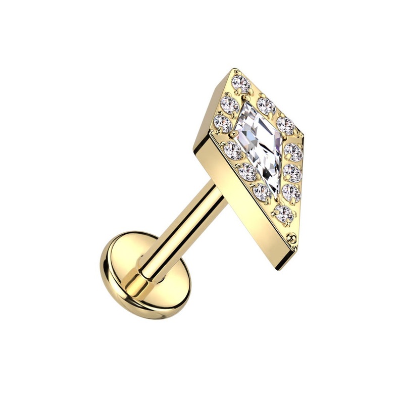 Internally Threaded CZ Crystal Diamond Shaped Top Flat Back Labret Stud – F136 Implant Grade Titanium Gold