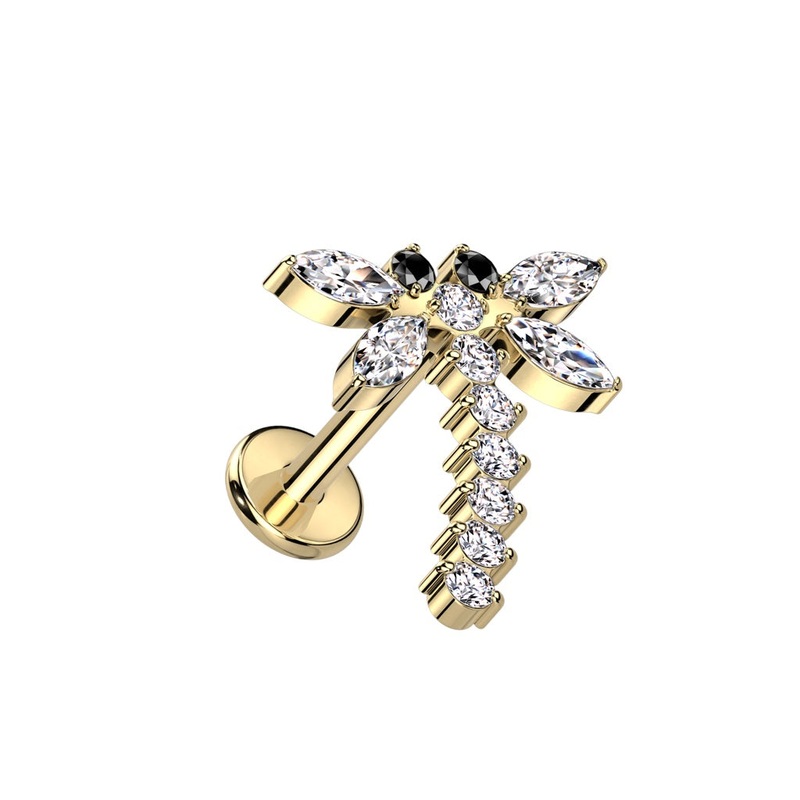 Internally Threaded CZ Crystal Dragonfly Labret Stud – F136 Implant Grade Titanium Gold 8mm (5/16″)