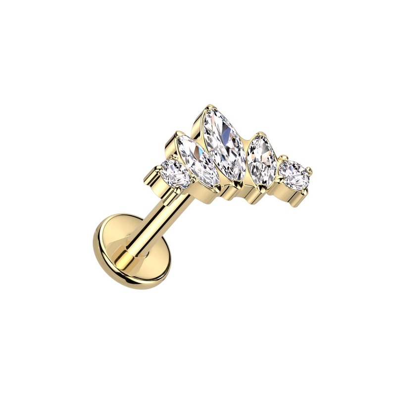 Internally Threaded CZ Crystal Marquise Fan Top Labret Stud – F136 Implant Grade Titanium Gold