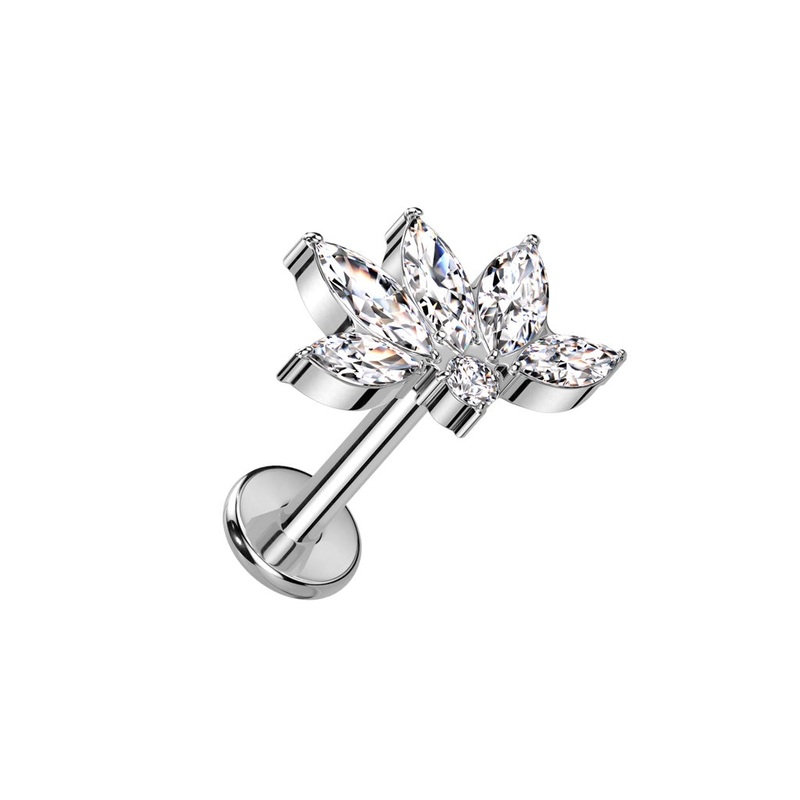 Internally Threaded CZ Crystal Marquise Flower Top Labret Stud – F136 Implant Grade Titanium Gold