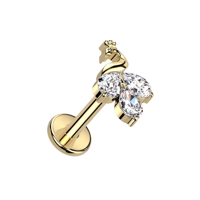 Internally Threaded CZ Crystal Marquise Peacock Top Labret Stud – F136 Implant Grade Titanium Gold