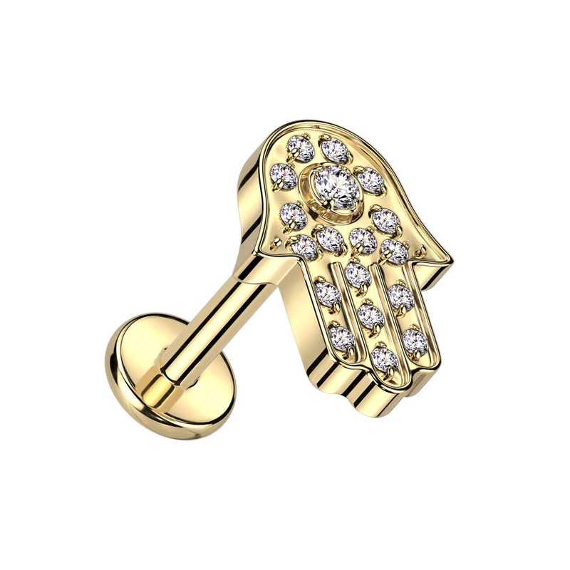 Internally Threaded CZ Crystal Paved Hamsa Top Flat Back Labret Stud – F136 Implant Grade Titanium Gold