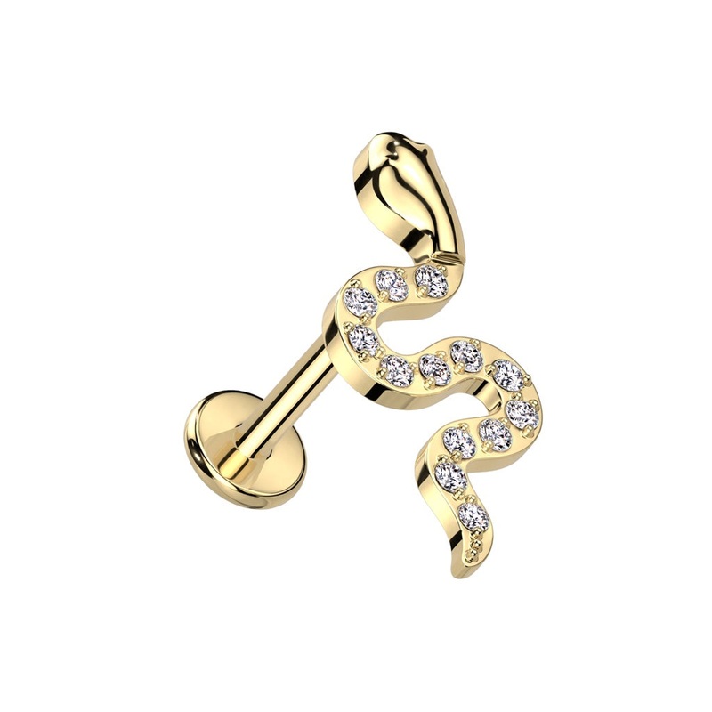 Internally Threaded CZ Crystal Paved Snake Labret Stud – F136 Implant Grade Titanium Gold