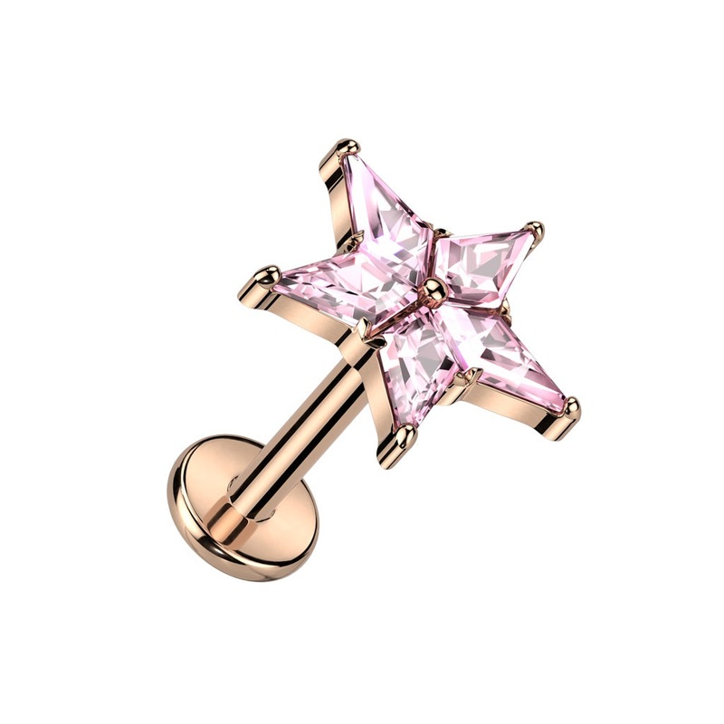 Internally Threaded CZ Crystal Star Top Labret Stud – F136 Implant Grade Titanium Gold/Clear