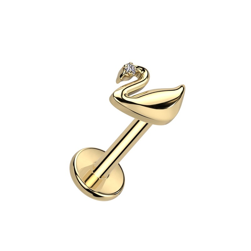 Internally Threaded CZ Crystal Swan Top Labret Stud – F136 Implant Grade Titanium Gold