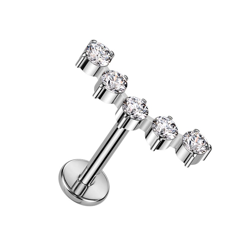 Internally Threaded Five CZ Crystal Curved Top Flat Back Stud – F136 Implant Grade Titanium Aurora Borealis