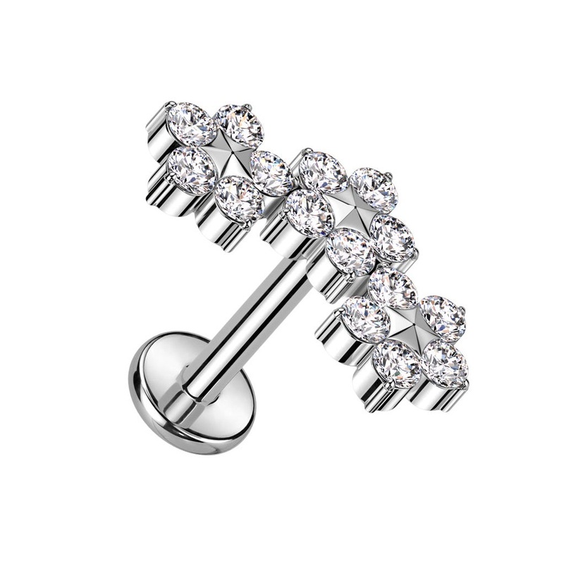 Internally Threaded Triple CZ Crystal Flower Top Flat Back Labret Stud – F136 Implant Grade Titanium Gold