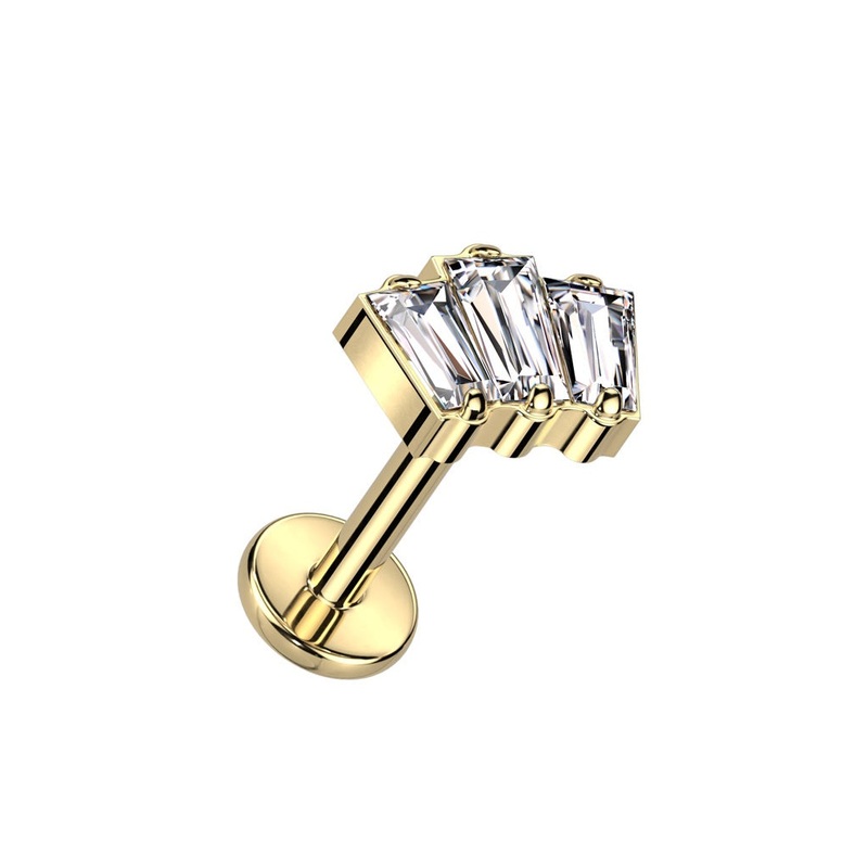 Internally Threaded Triple Gem Baguette Top Flat Back Stud – F136 Implant Grade Titanium Gold/Clear