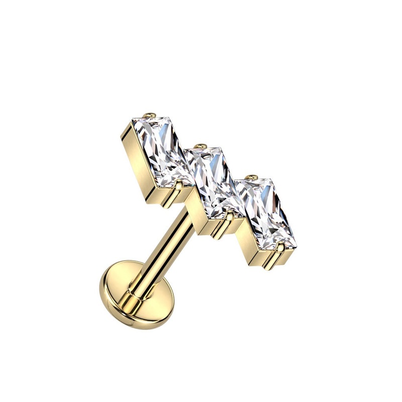 Internally Threaded Triple Slanted CZ Crystal Baguette Top Flat Back Stud – F136 Implant Grade Titanium Gold