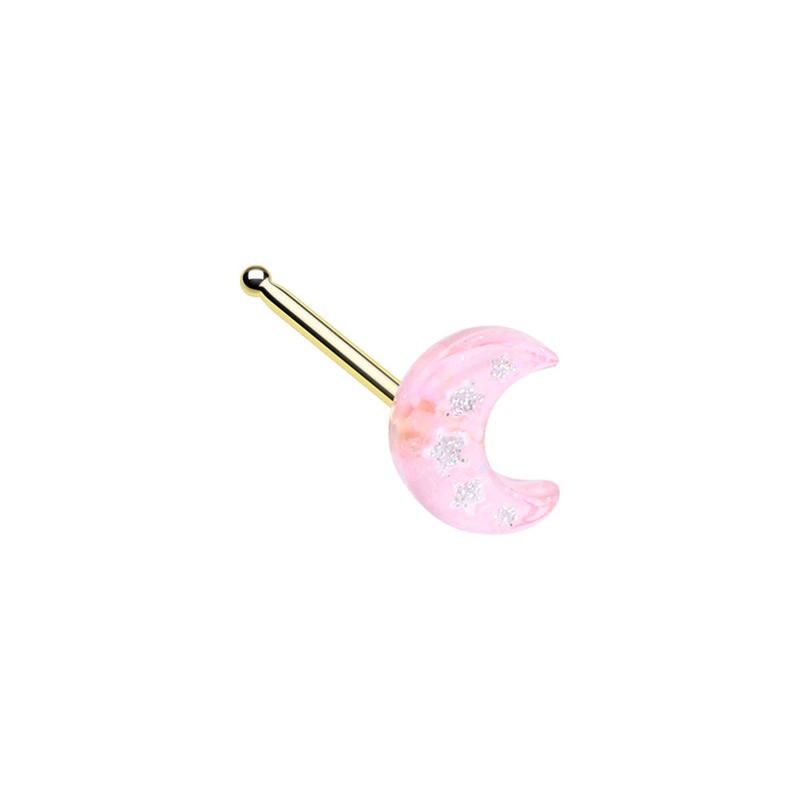Kawaii Pink Glitter Star Crescent Moon Nose Bone Stud – Gold Plated Stainless Steel