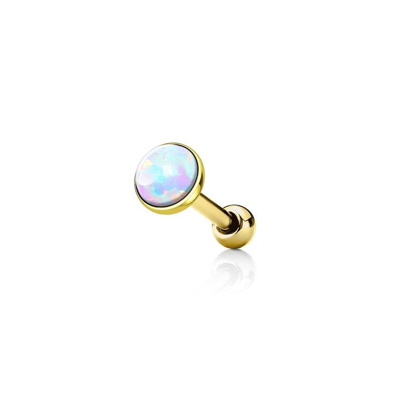 Opal Set Flat Top Cartilage Tragus Barbell – Stainless Steel Gold