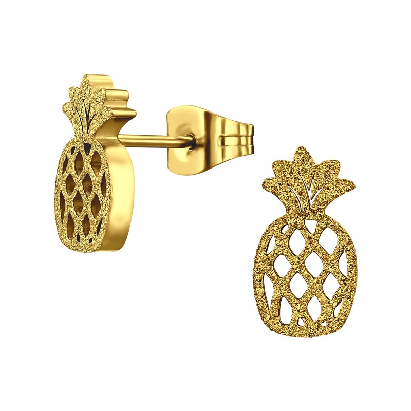 Pineapple Stud Earrings – Pair – Stainless Steel Gold