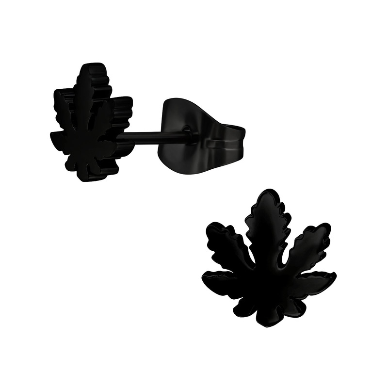 Pot Leaf Stud Earrings – Pair – Stainless Steel Black