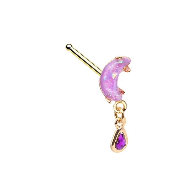 Purple Opalite Crescent Moon with Dangling Gem Nose Bone Stud – Gold Plated Stainless Steel