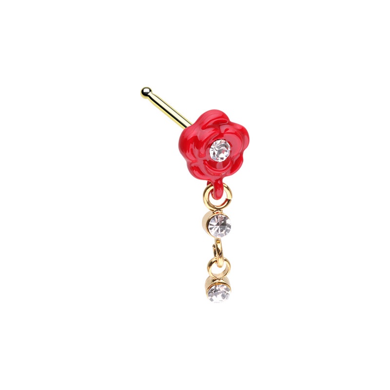 Red Rose with Dangling Gems Nose Bone Stud – Gold Plated Stainless Steel