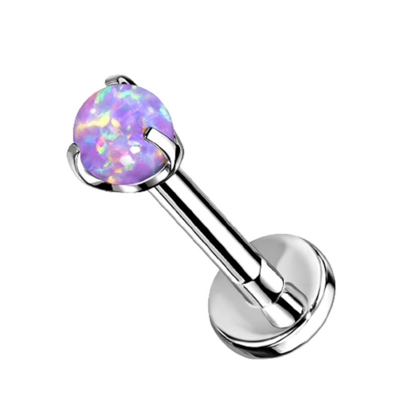 Threadless Push-in Claw Set Synthetic Opal Ball Top Flat Back Labret Monroe Lip Cartilage Helix Tragus Conch Ear Lobe Barbell Stud – G23 Implant Grade Titanium Purple 0.8mm (20GA)