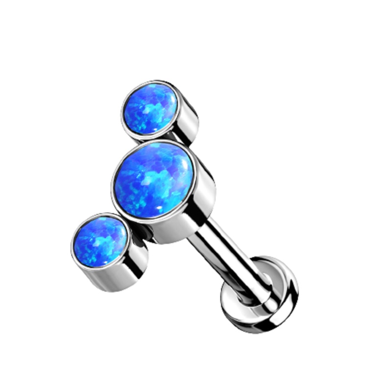 Threadless Push-In Triple Round Synthetic Opal Curved Flat Back Lip Cartilage Ear Lobe Stud – G23 Implant Grade Titanium Blue 1.2mm (16GA)