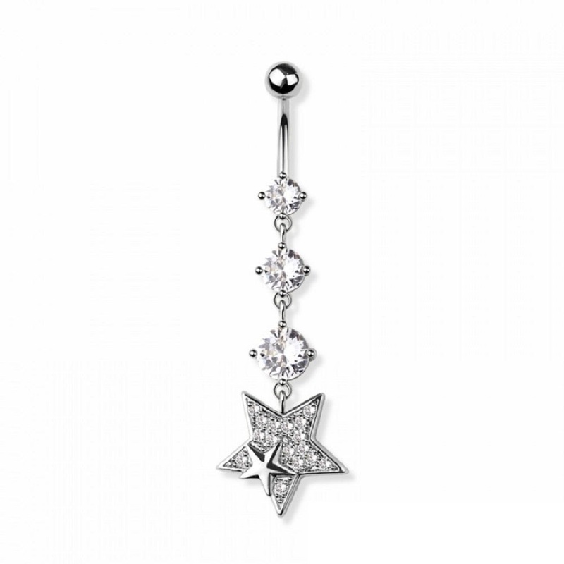 Triple CZ Crystal and Star Dangling Belly Button Ring – 316L Stainless Steel Gold