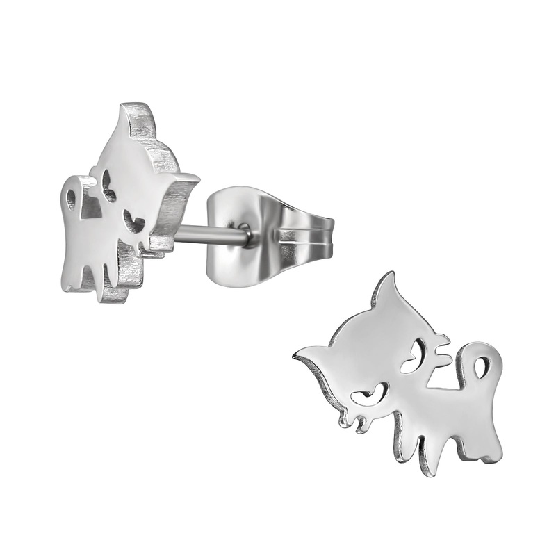 Cat Stud Earrings – Pair – Stainless Steel