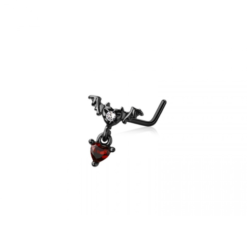 CZ Crystal Bat with Dangling Red Heart L-Bend Nose Stud – Black 316L Stainless Steel
