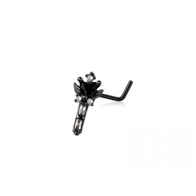 CZ Crystal Winged Heart Stake L-Bend Nose Stud – Black 316L Stainless Steel