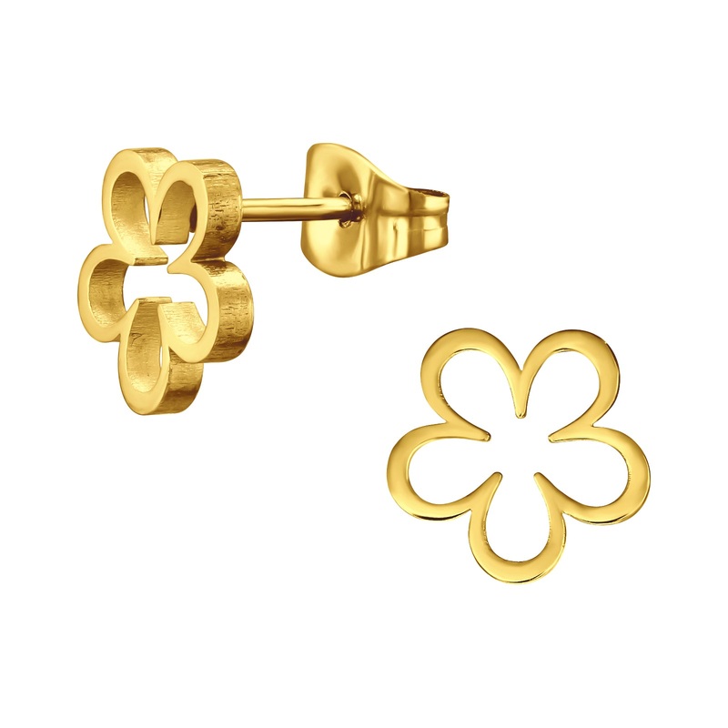 Flower Outline Stud Earrings – Pair – Stainless Steel Gold